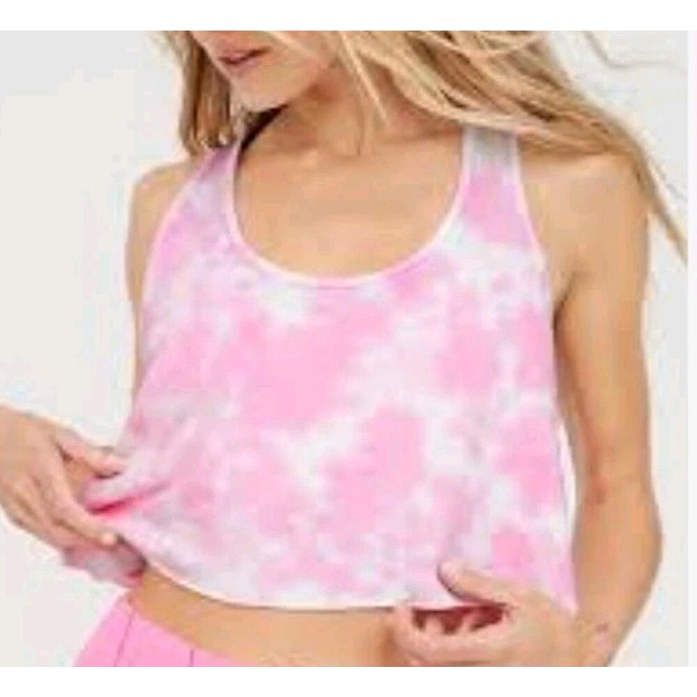 NEW Offline by Aerie OTT Fleece Crop Top Size L Pink White Tank Tie Dye Lounge